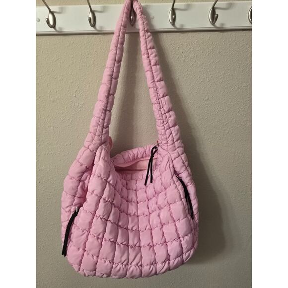 Girlie Girl Large Hobo Quilted Puffer Shoulder Tote Bag - Pink - Picture 1 of 5